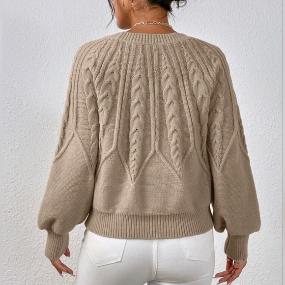 NEW Chic Textured Fair Isle Look Cable Knit Sweater Top Bishop Sleeve Beige - Picture 6 of 9